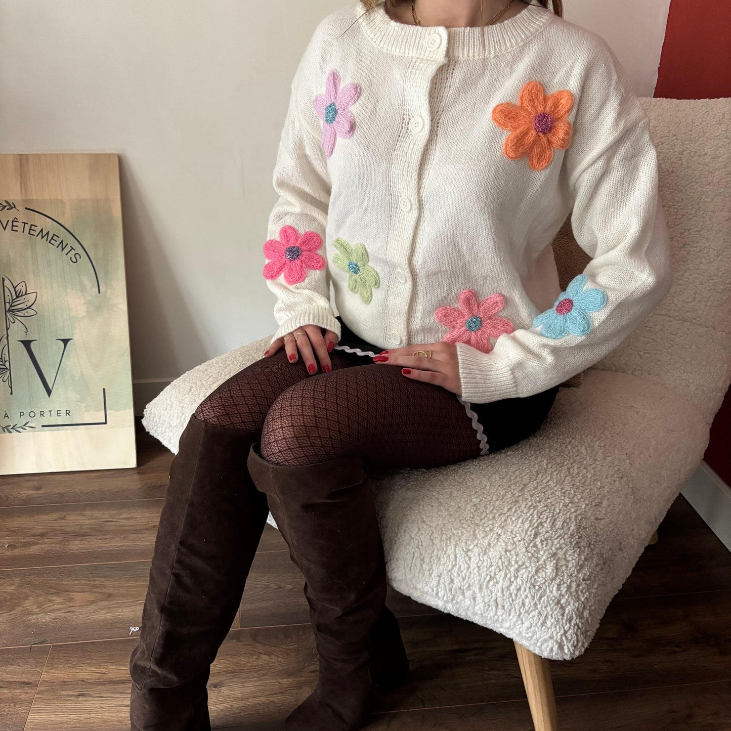 Gilet Marguerite maille fine Blanc